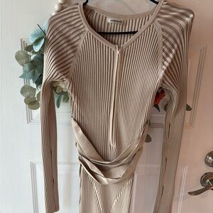Maniere De Voir Tan Ribbed Tie Front Jumpsuit
